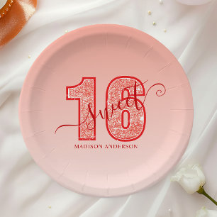 Assiettes En Carton Sweet 16 écriture pailletée rouge