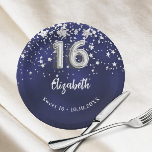 Assiettes En Carton Sweet 16 étoiles bleu marine en argent