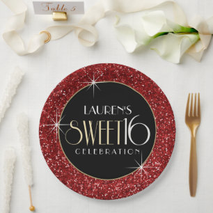 Assiettes En Carton Sweet 16 Faux Parties scintillant rouge