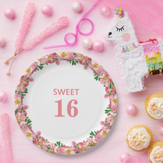 Assiettes En Carton Sweet 16 Fleur Rose Garland sur blanc (Fête)