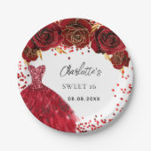 Assiettes En Carton Sweet 16 fleurs de robe rouge blanc (Devant)