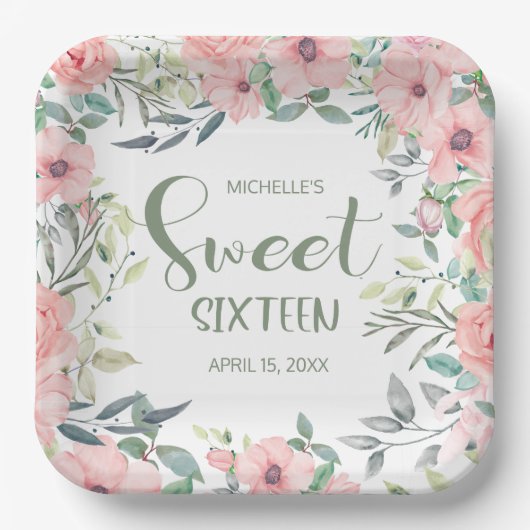 Assiettes En Carton Sweet 16 Fleurs Roses Douces Feuilles Nom Date (Recto)