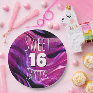 Assiettes En Carton Sweet 16 Magenta Purple Marble Personalized