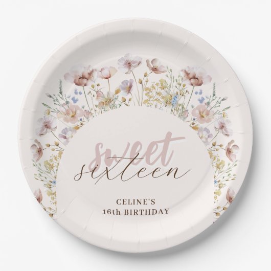 Assiettes En Carton Sweet 16 Meadow Fleurs sauvages Anniversaire (Devant)