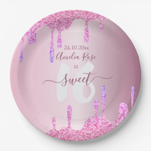 Assiettes En Carton Sweet 16 Paillettes Gouttes Rose Métallisé Anniver