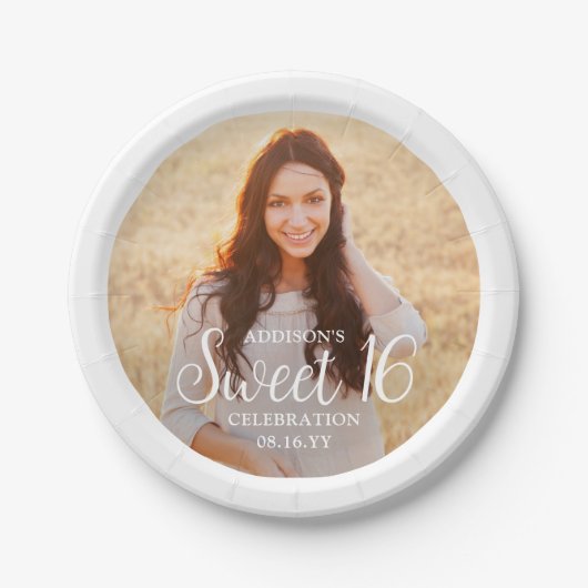 Assiettes En Carton Sweet 16 Party Chic Design Script & Photo Moderne (Devant)