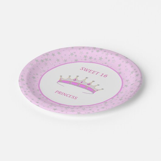 Assiettes En Carton Sweet 16 Princess Tiara & Stars Confetti (Angle)