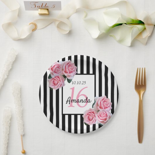 Assiettes En Carton Sweet 16 rayures noires florales roses nom (Mariage)