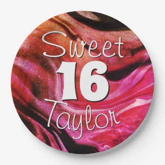 Assiettes En Carton Sweet 16 Red & Orange Marble Personalized