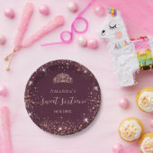 Assiettes En Carton Sweet 16 rose bordeaux or tiara nom script (Fête)