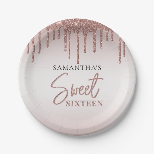 Assiettes En Carton Sweet 16 Rose Parties scintillant or Drip Script A (Devant)
