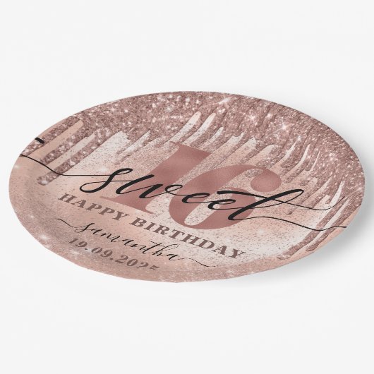 Assiettes En Carton Sweet 16 Rose Parties scintillant or et huile (Angle)