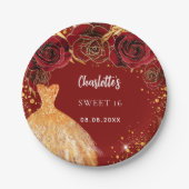Assiettes En Carton Sweet 16 rouge or parties scintillant robe floral (Devant)