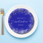 Assiettes En Carton Sweet 16 royal bleu argent parties scintillant mon<br><div class="desc">Pour une fête de 16 ans,  16e anniversaire,  douce et glamour. Un arrière - plan bleu royal avec d'élégantes poussières faux argent. Personnalisez et ajoutez un nom et 21 ans. Lettres blanches. Le sweet sixteen est écrit avec un script de style manuel moderne avec des swashes.</div>