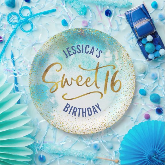 Assiettes En Carton Sweet 16 Turquoise Aquarelle Or fille Anniversaire (Fête)