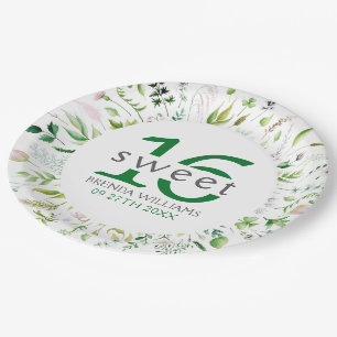 Assiettes En Carton Sweet 16th Birdie Green Leafs & Flowers Frame