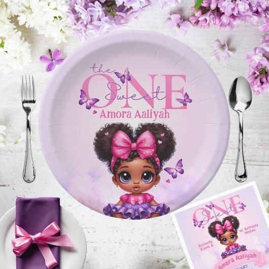 Assiettes En Carton Sweet ONE Afro Puff bébé fille pourpre 1er anniver