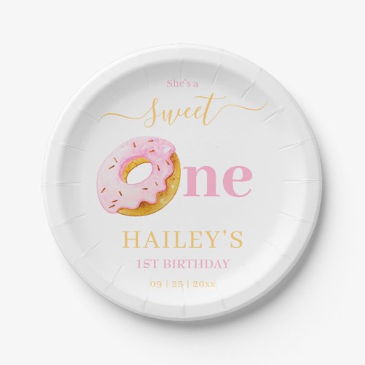 Assiettes En Carton Sweet One Donuts Anniversaire Invitation, Filles 1 (Devant)