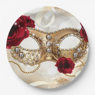 Assiettes En Carton Sweet sixteen 16 Crème Gold Masquerade Ball Party
