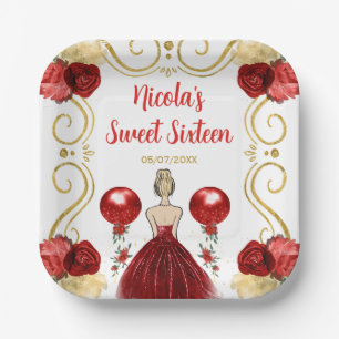 Assiettes En Carton Sweet sixteen Blonde Princesse en rouge