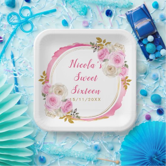 Assiettes En Carton Sweet sixteen brillant rose et or Fleurs élégantes (Fête)