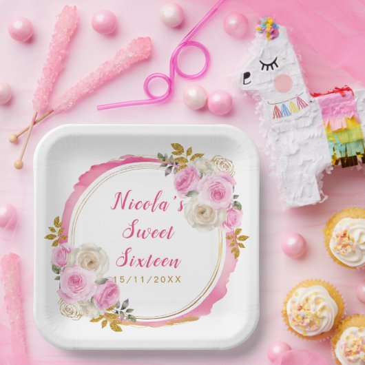 Assiettes En Carton Sweet sixteen brillant rose et or Fleurs élégantes (Fête)