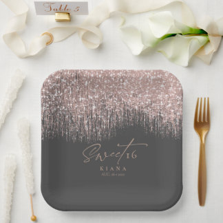 Assiettes En Carton Sweet sixteen étincelant Rose or/noir ID912