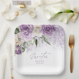 Assiettes En Carton Sweet sixteen floral étincelantes Mauve ID912