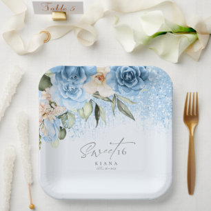 Assiettes En Carton Sweet sixteen floral étincelants bleu ID912