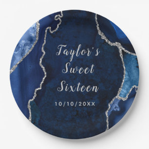Assiettes En Carton Sweet Sixteen Marbre Agate Navy et Argent