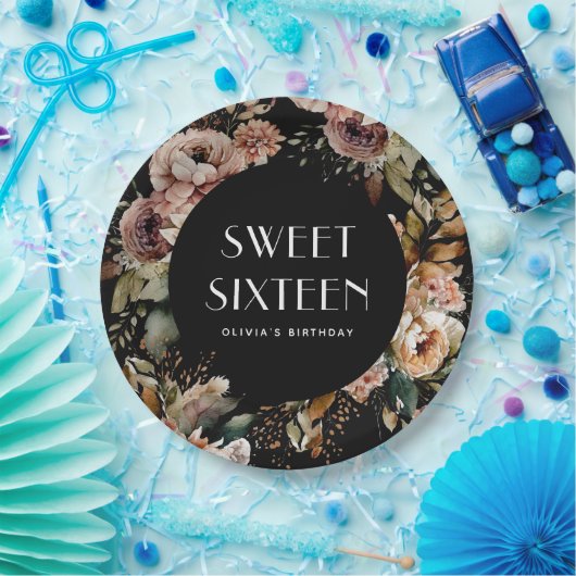 Assiettes En Carton Sweet sixteen noir et floral | Anniversaire élégan (Fête)