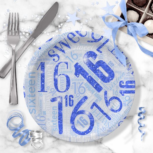 Assiettes En Carton Sweet sixteen Sparkle Word Cloud bleu ID265