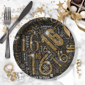 Assiettes En Carton Sweet sixteen Sparkle Word Cloud Gold Blk ID265
