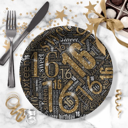 Assiettes En Carton Sweet sixteen Sparkle Word Cloud Gold Blk ID265