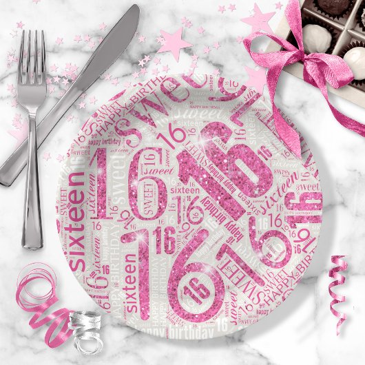 Assiettes En Carton Sweet sixteen Sparkle Word Cloud rose ID265