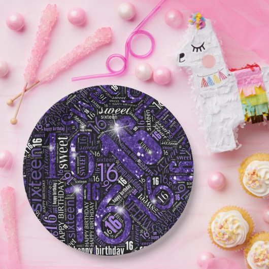Assiettes En Carton Sweet sixteen Sparkle Word Cloud Violet Blk ID265 (Fête)