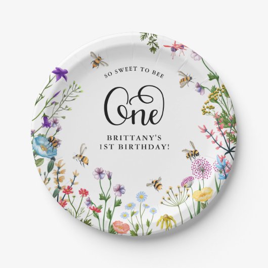 Assiettes En Carton 'Sweet to Bee' Fleur sauvage & BumbleBee 1er anniv (Devant)