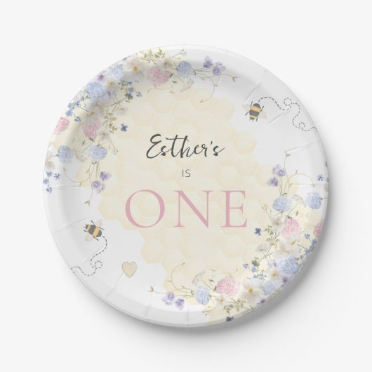 Assiettes En Carton Sweet To Bee One Pastel Premier Anniversaire (Devant)