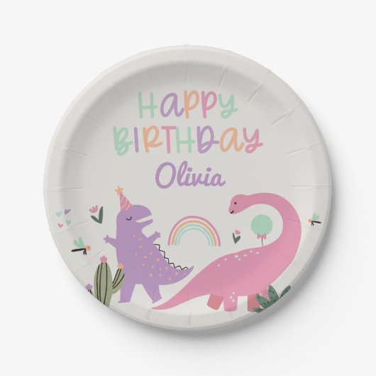 Assiettes En Carton Symbole Pink Girl Dinosaur 5e anniversaire de fête (Devant)