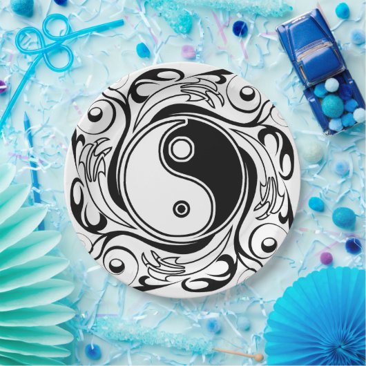 Assiettes En Carton Symbole Yin et Yang Style tatouage noir et blanc (Fête)