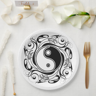Assiettes En Carton Symbole Yin & Yang noir et blanc de style tatouage