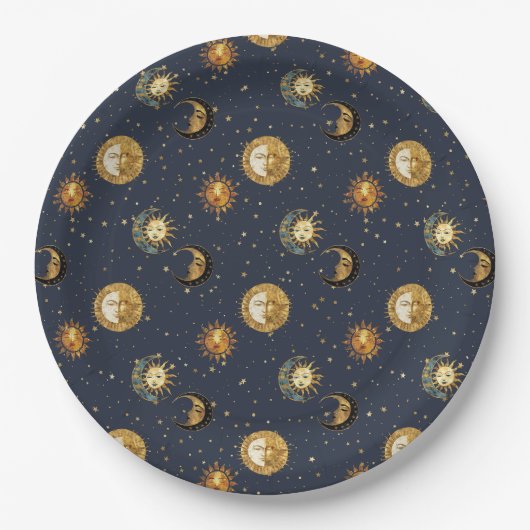 Assiettes En Carton Symboles d'astrologie Navy Gold Cosmiques (Devant)