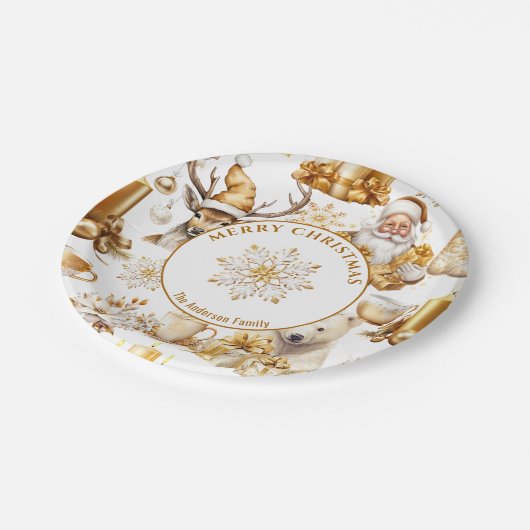 Assiettes En Carton Symboles de Noël or et blanc (Angle)