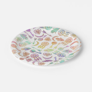 Assiettes En Carton Symboles populaires d'aquarelle et d'or sur le