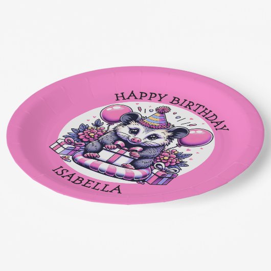 Assiettes En Carton Sympa Possum d'anniversaire de fille personnalisée (Angle)