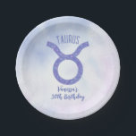 Assiettes En Carton Sympathique Taurus Astrologie Signal Personnalisé<br><div class="desc">Cette jolie plaque en papier Taurus violet et lavande personnalisée présente votre signe astrologique du Zodiaque dans un beau éclat comme les constellations. Customisez ce cadeau mignon avec votre nom dans une belle écriture cursive pour quelqu'un qui a un anniversaire fin avril ou début mai.</div>