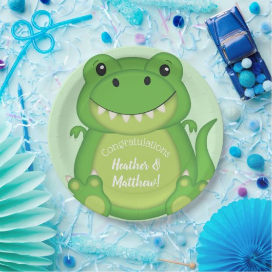 Assiettes En Carton T-Rex Dinosaur Baby shower vert (Fête)