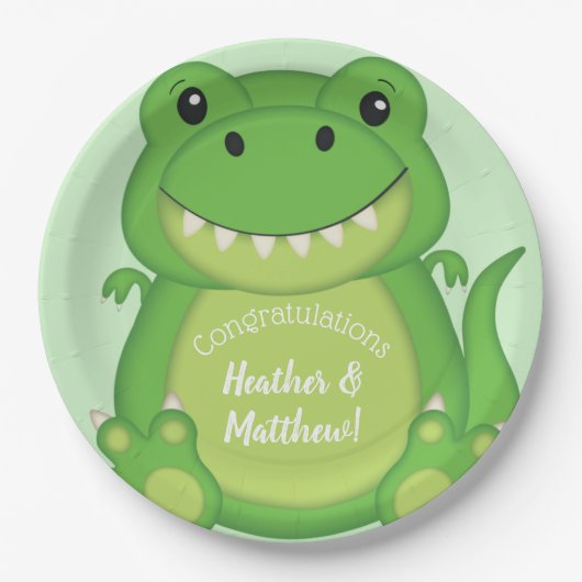 Assiettes En Carton T-Rex Dinosaur Baby shower vert (Devant)