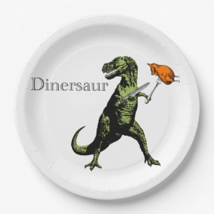 Assiettes En Carton T-Rex mange le poulet avec le couteau et la