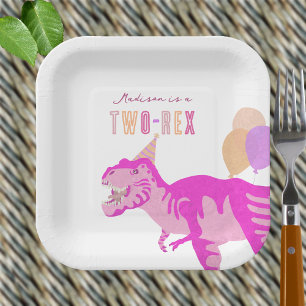 Assiettes En Carton T-Rex Rose Cute Deux Rex Dinosaure Anniversaire